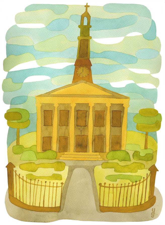 St Lukes - Mid Century Modern Art Print - green orange brown West Norwood Print