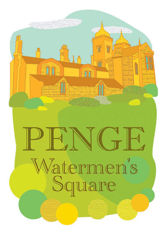 Watermens Square Penge Mid Century Modern Art Print - green orange brown Penge Print