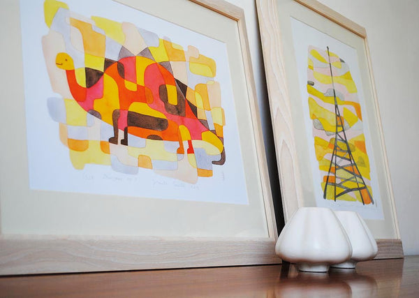 Dinosaur 2 - Mid Century Modern Nursery Print - yellow pink orange