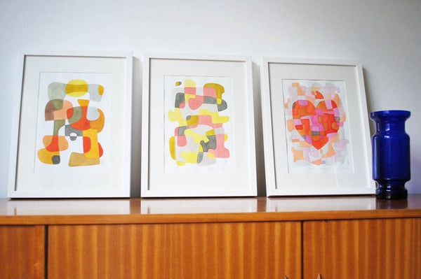 Walking - Mid Century Modern Abstract Art Print - red yellow brown print